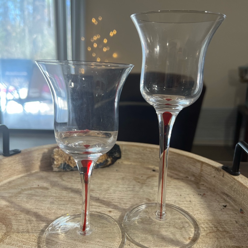 Art Glass Votive Candle Holders Red Teardrop Stem Set of 2